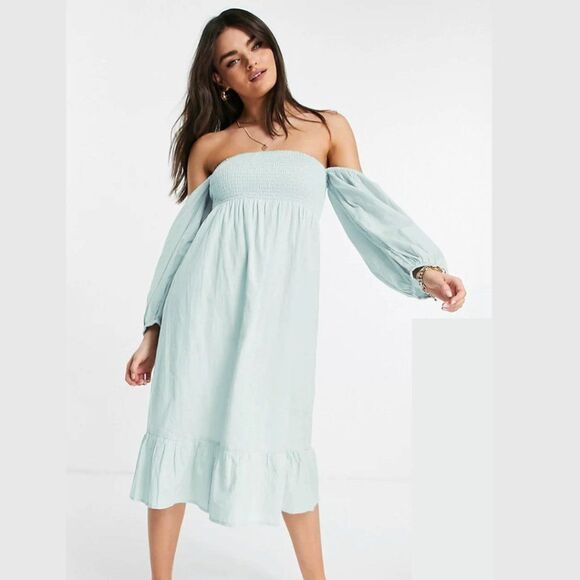 Accessorize London - Cotton/Linen Balloon Sleeve Powder Blue Dress - Picture 1 of 9